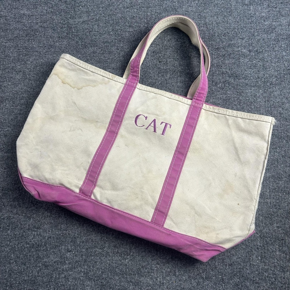 LL Bean Boat and Tote Bag Large Natural Pink Canvas Zip Top CAT Monogram USA